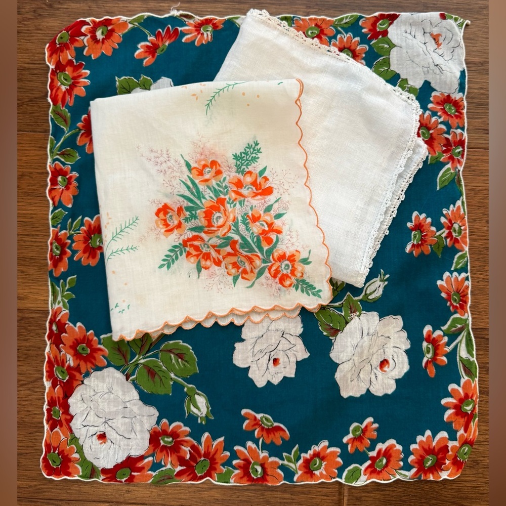American Vintage Floral Handkerchief Set of 3 - Teal, Orange, and Green